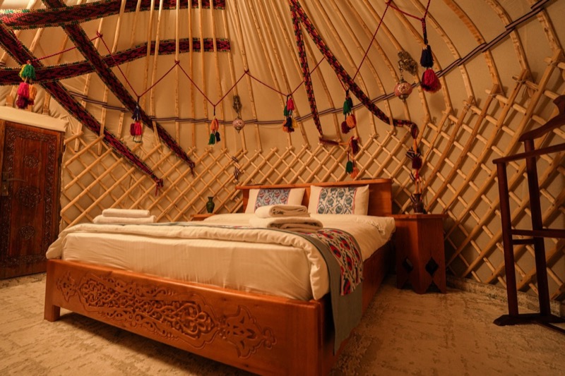 Authentic yurt interior at City of Magicians desert complex near Khiva