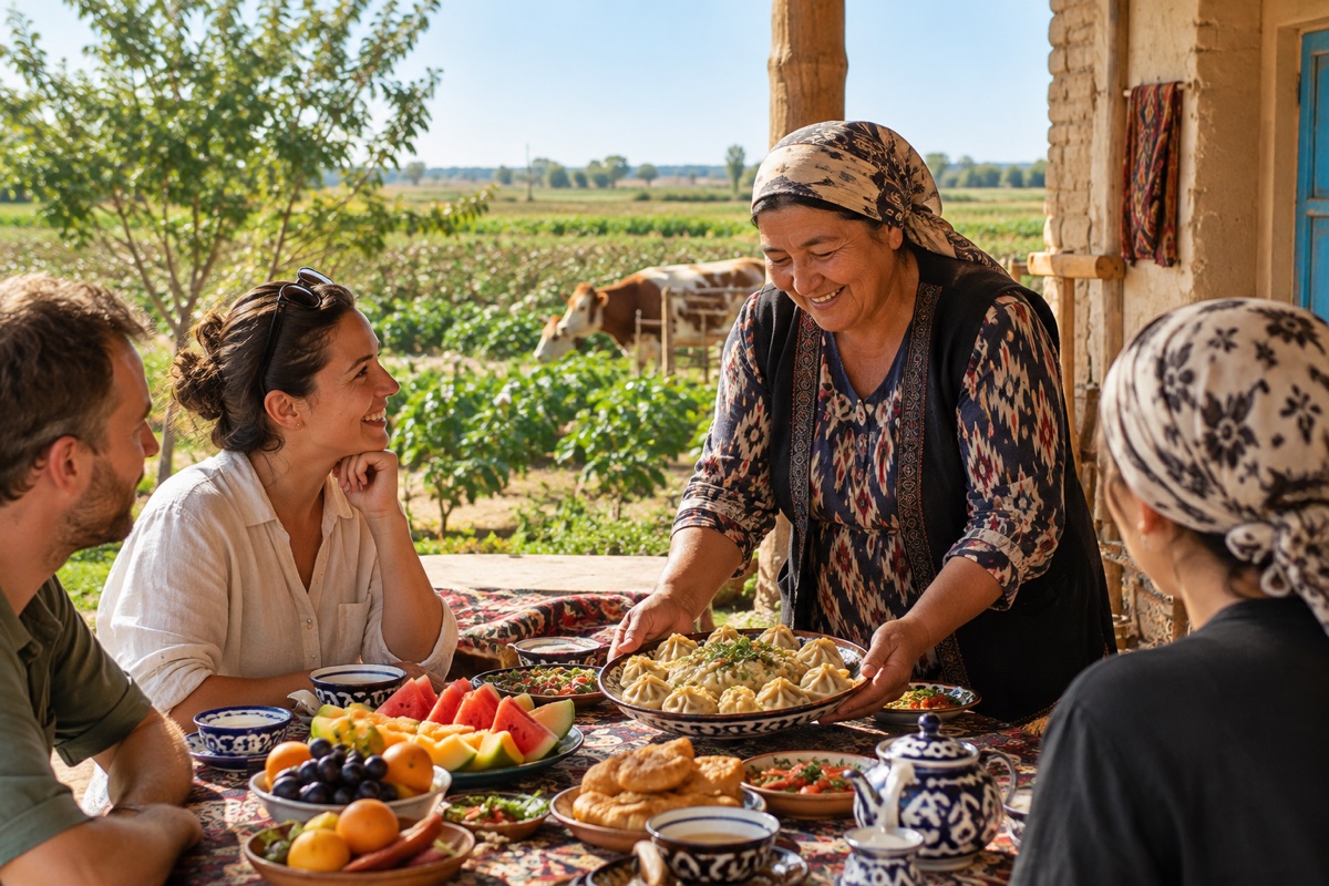 Concept illustration of a Khorezm village homestay meal — not a photo from an actual tour